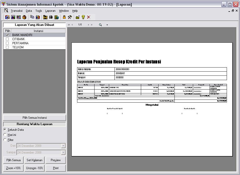 Layar Laporan Per Instansi Software Apotek AKUA